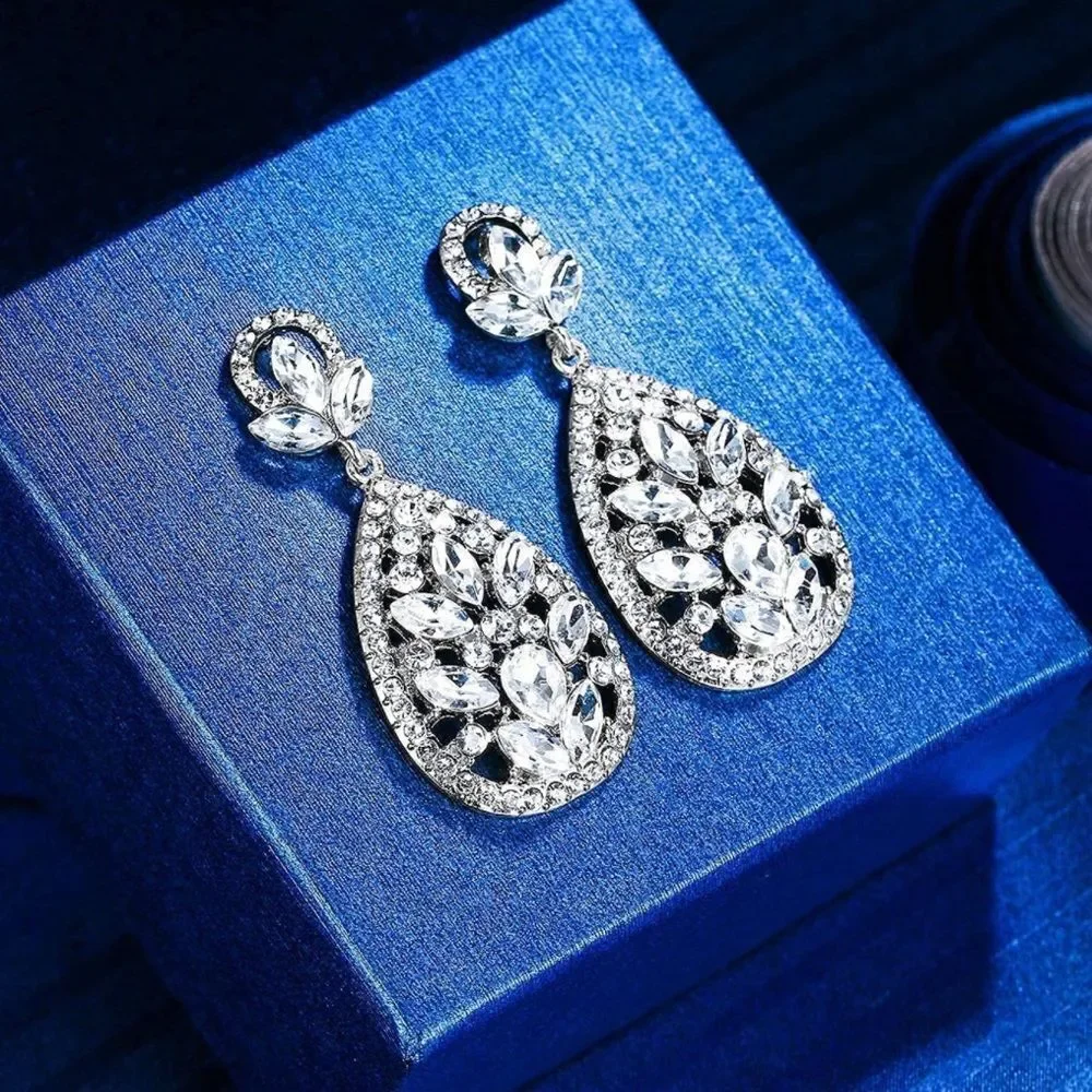 Silver with White Diamond Austrian Crystal Teardrop Chandelier Post Earrings
